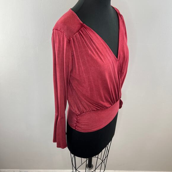 Anthropologie DELETTA Red Burgundy Sirpo Wrap Pullover Blouse Top Bell Sleeve XS - Picture 3 of 10